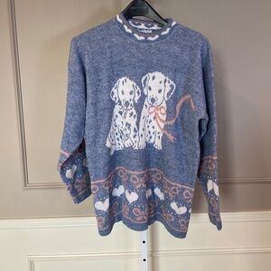 Vintage Adele Knitwear Sweater XL Dalmation Dogs Blue Bows Hearts EUC Pastel